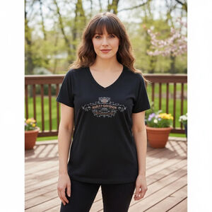 Women's Harley-Davidson Black Orange Logo V-Neck Short Sleeve Tee XXL